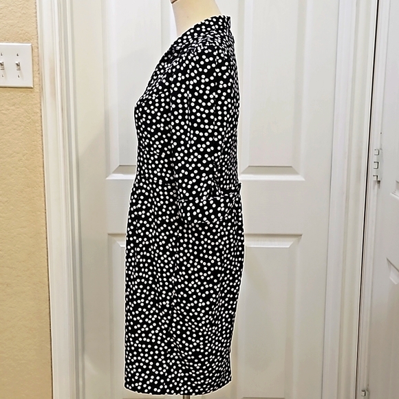 Black and White Button Down Polka Dot Cuff Sleeved Pleated Dress - Picture 3 of 7